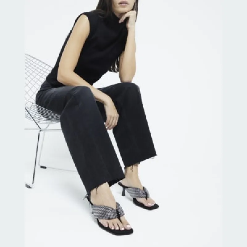 Black Toe Thong Embellished Heeled Sandals sold by River Island