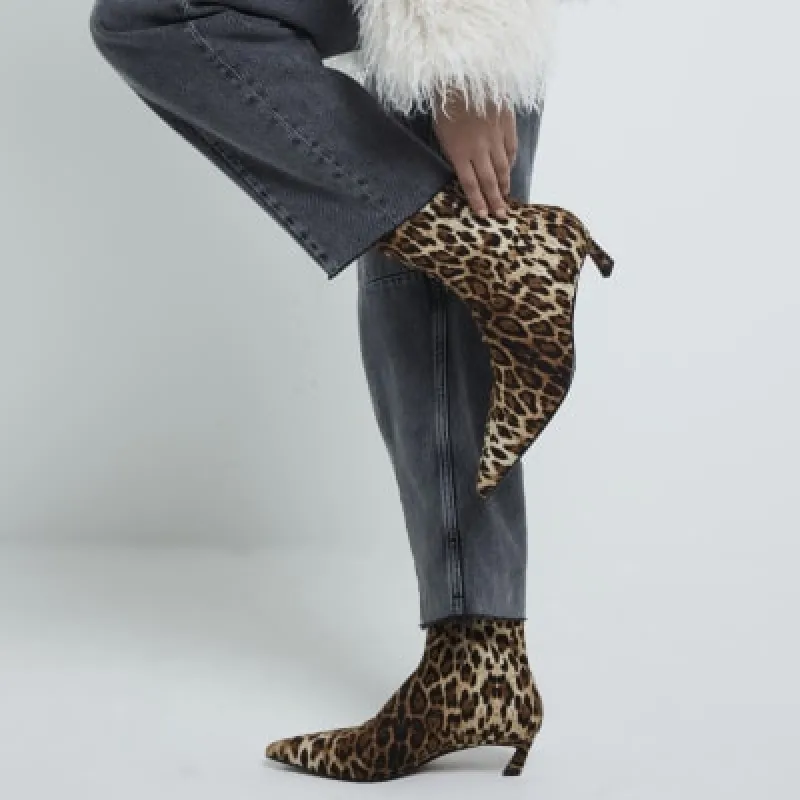 Beige Wide Fit Leopard Slant Heel Sock Boots sold by River Island