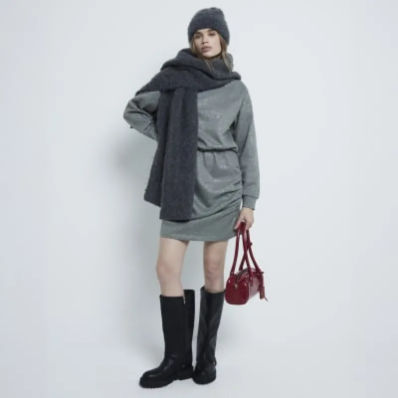 Grey Metallic Ruched Sweat Dress sold by River Island