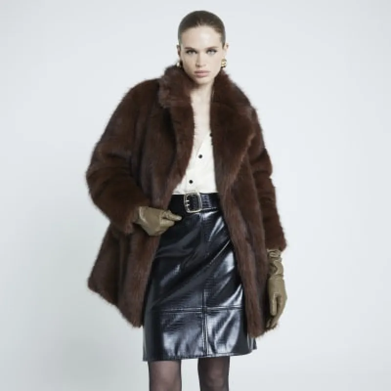 Dark brown mid length faux fur coat sold by River Island