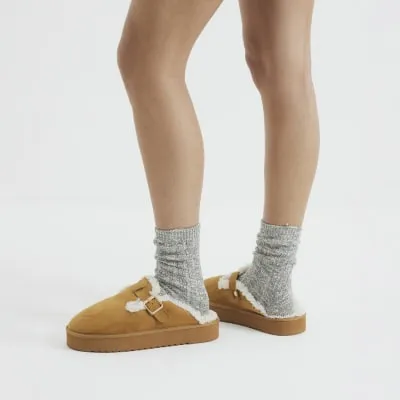 Brown Faux Fur Slippers sold by River Island