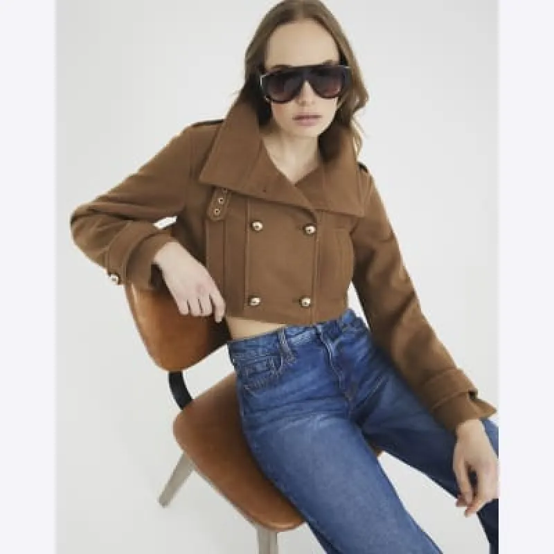 Brown Cropped Military Jacket made by River Island