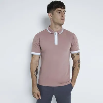 Pink Pique Slim Fit Tipped Polo Shirt sold by River Island