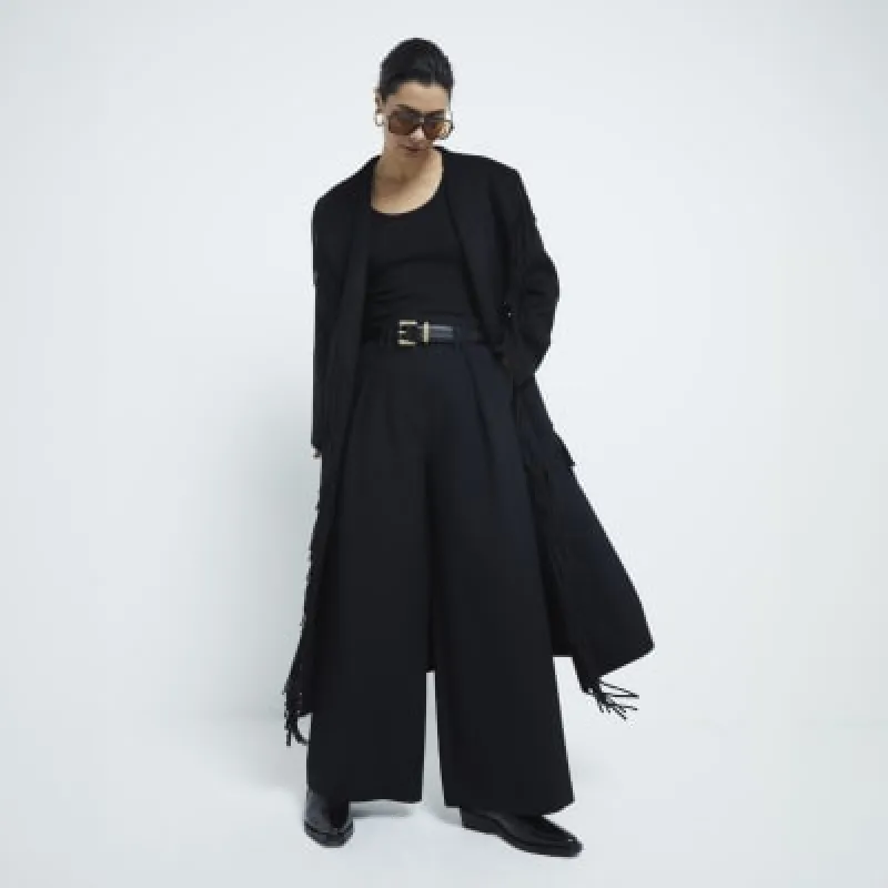 Black Premium Handmade Fringed Belted Coat sold by River Island