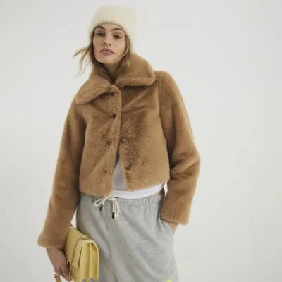 Brown Faux Fur Button Up Jacket sold by River Island