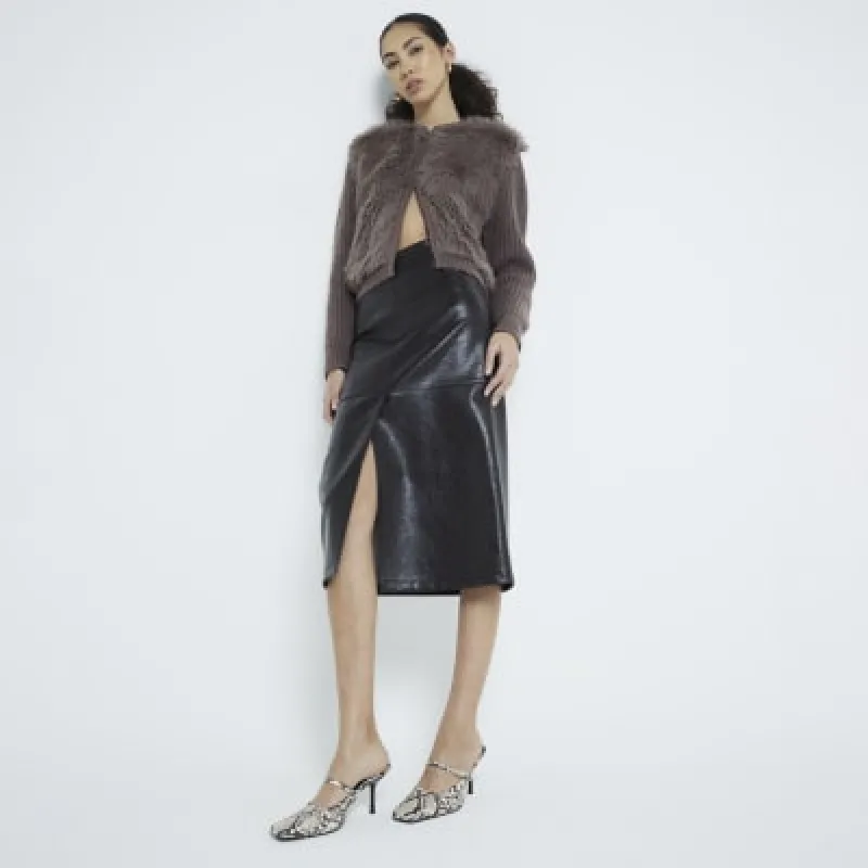Brown Faux Leather Split Hem Midi Skirt sold by River Island