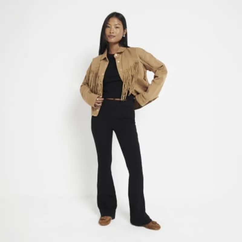 Petite Black High Waisted Rib Flared Legging sold by River Island