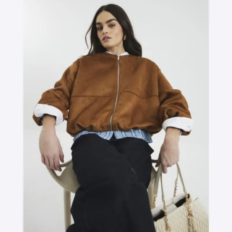 Brown Suede Bubble Hem Bomber Jacket sold by River Island