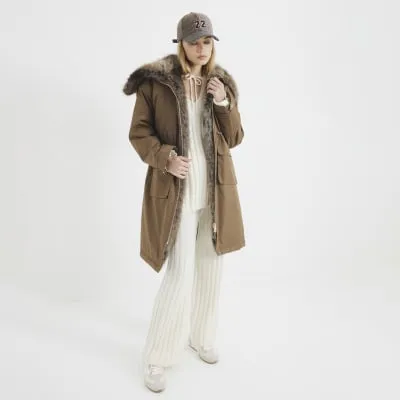 Khaki Premium Faux Fur Trim Jacket sold by River Island