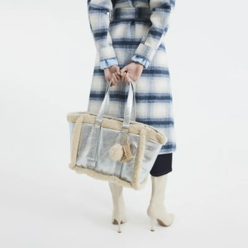 Silver Faux Fur Trim Shopper Bag sold by River Island