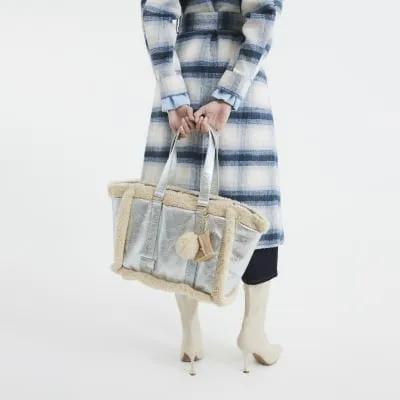 Silver Faux Fur Trim Shopper Bag sold by River Island