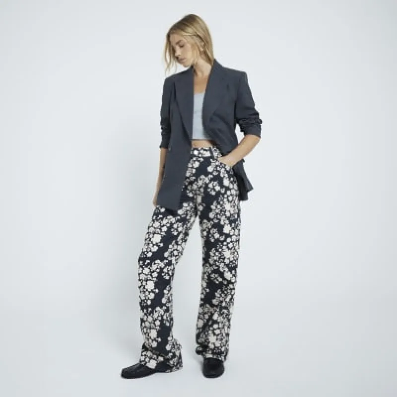 Black Relaxed Straight Floral Jeans sold by River Island