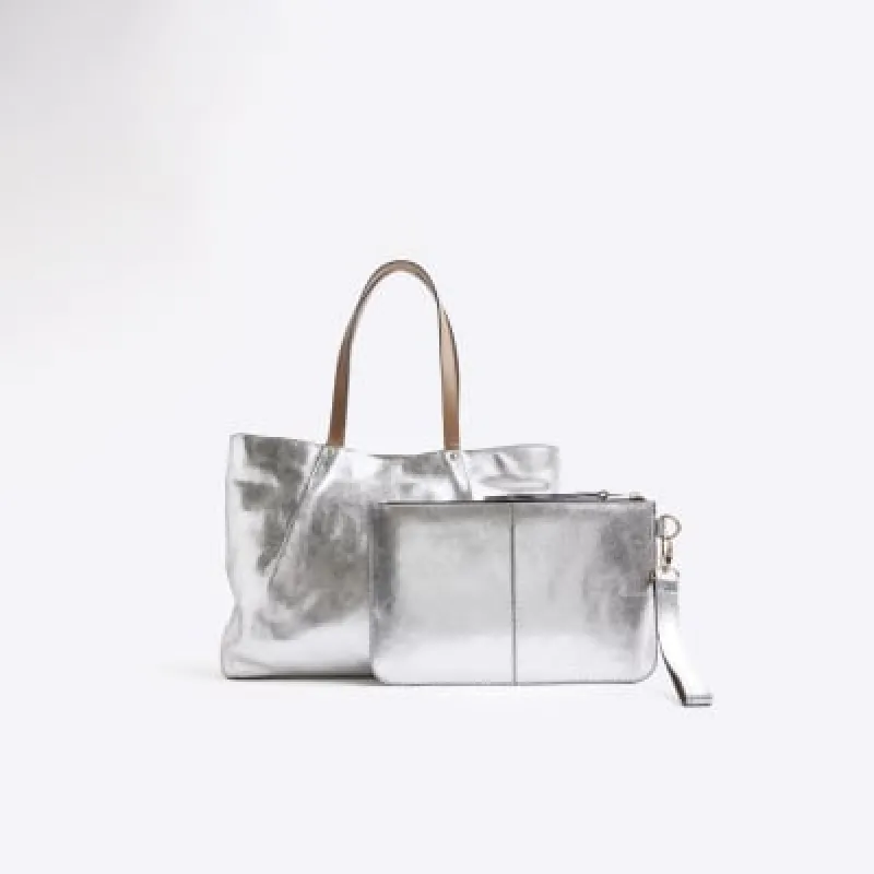 Silver Metallic Leather Shopper Bag Bundle sold by River Island