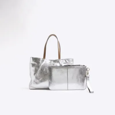Silver Metallic Leather Shopper Bag Bundle sold by River Island