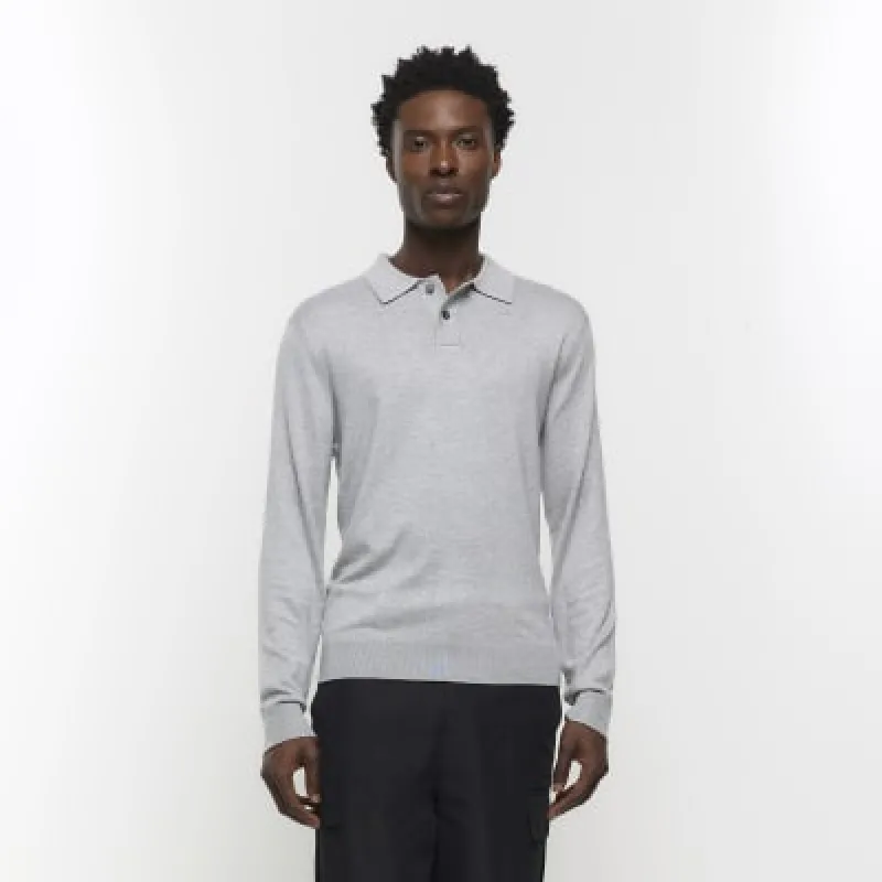 Grey slim fit knitted long sleeve polo sold by River Island