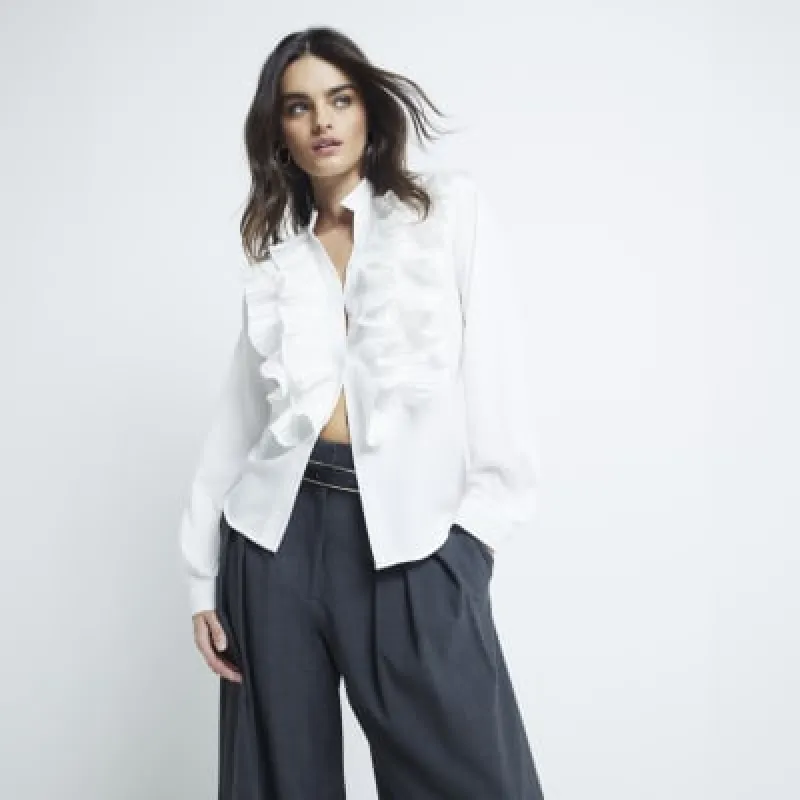 White Long Sleeved Ruffled Blouse sold by River Island