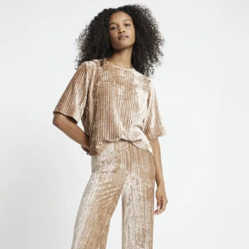 Cream Velvet Plisse T-shirt sold by River Island