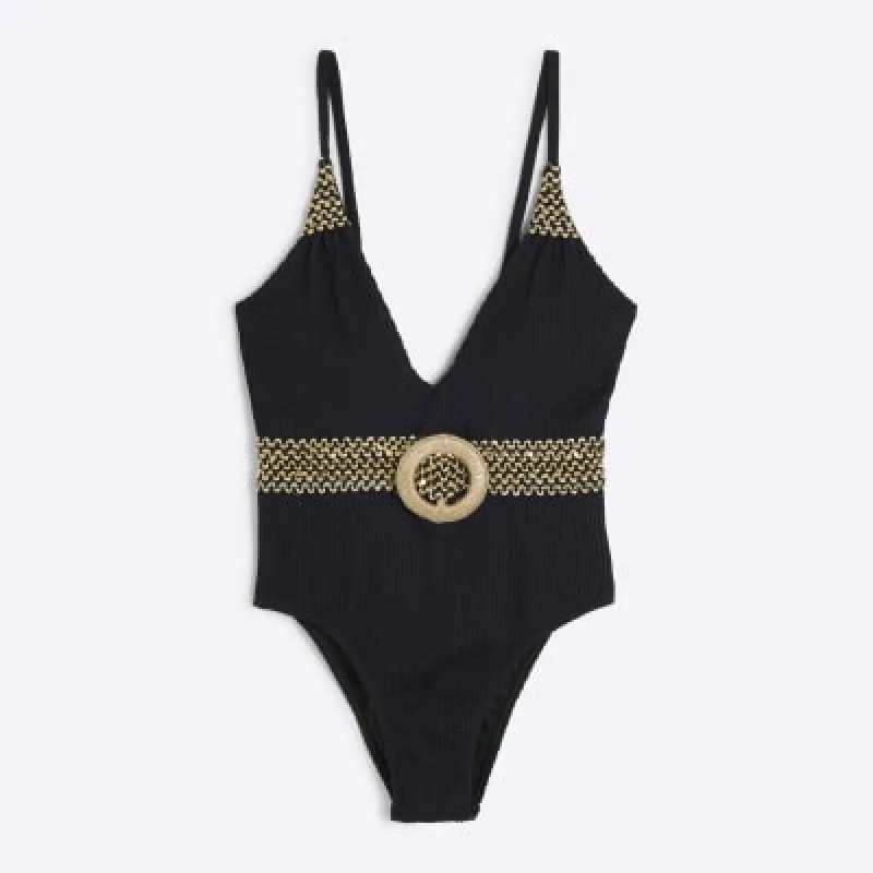 Petite Black Textured Plunged Neck Swimsuit sold by River Island