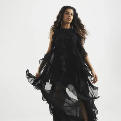 Petite Black Ruffle Maxi Dress sold by River Island