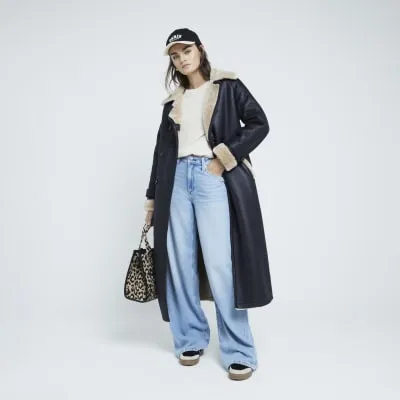 Black Faux Shearling Belted Trench Coat sold by River Island