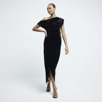 Black Velvet Drape Midi Dress sold by River Island