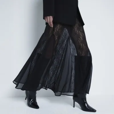 Black Godet Lace Maxi Skirt sold by River Island