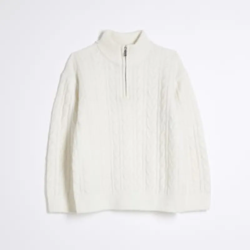 Boys Beige Cable Knit Funnel Jumper sold by River Island