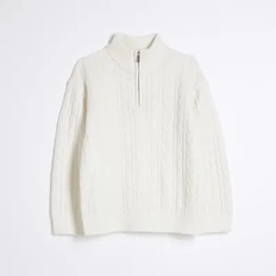Boys Beige Cable Knit Funnel Jumper sold by River Island