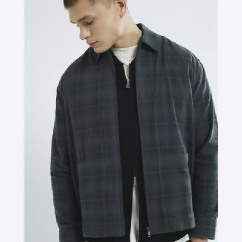 Grey Long Sleeve Zipped Check Shirt sold by River Island