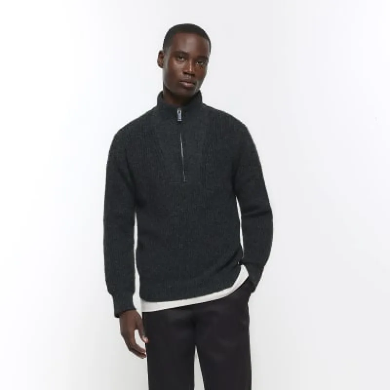 Grey slim fit soft rib half zip jumper sold by River Island