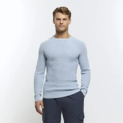 Blue Muscle Fit Rib Jumper sold by River Island