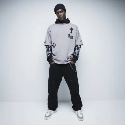 Grey Short Sleeve Gothic Cross Patch T-Shirt sold by River Island