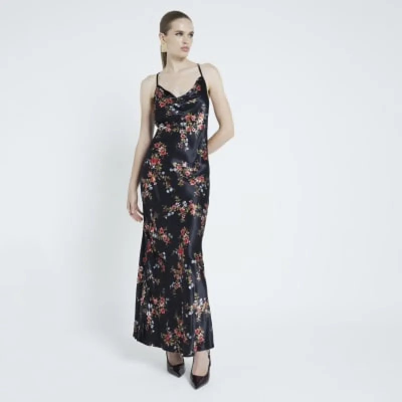 Black Floral Cowl Neck Slip Maxi Dress sold by River Island