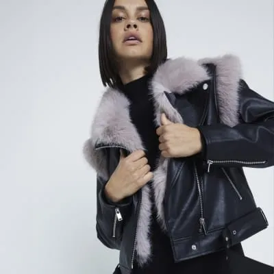 Black Faux Fur Faux Leather Biker Jacket sold by River Island