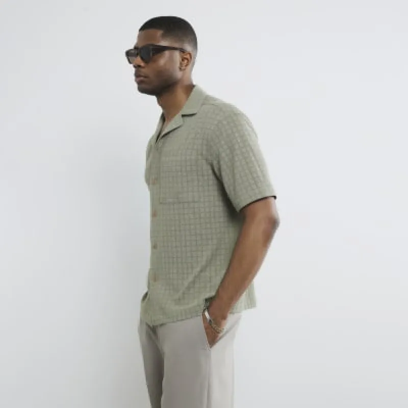 Khaki Short Sleeve Grid Textured Shirt sold by River Island
