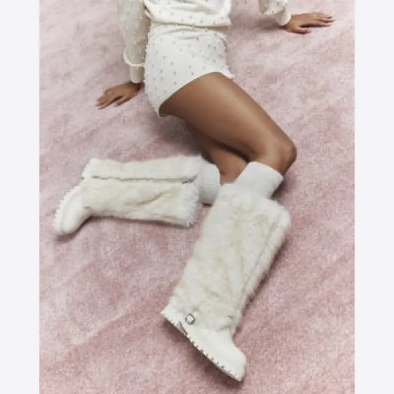 Cream Faux Fur Cuff High Leg Boots sold by River Island