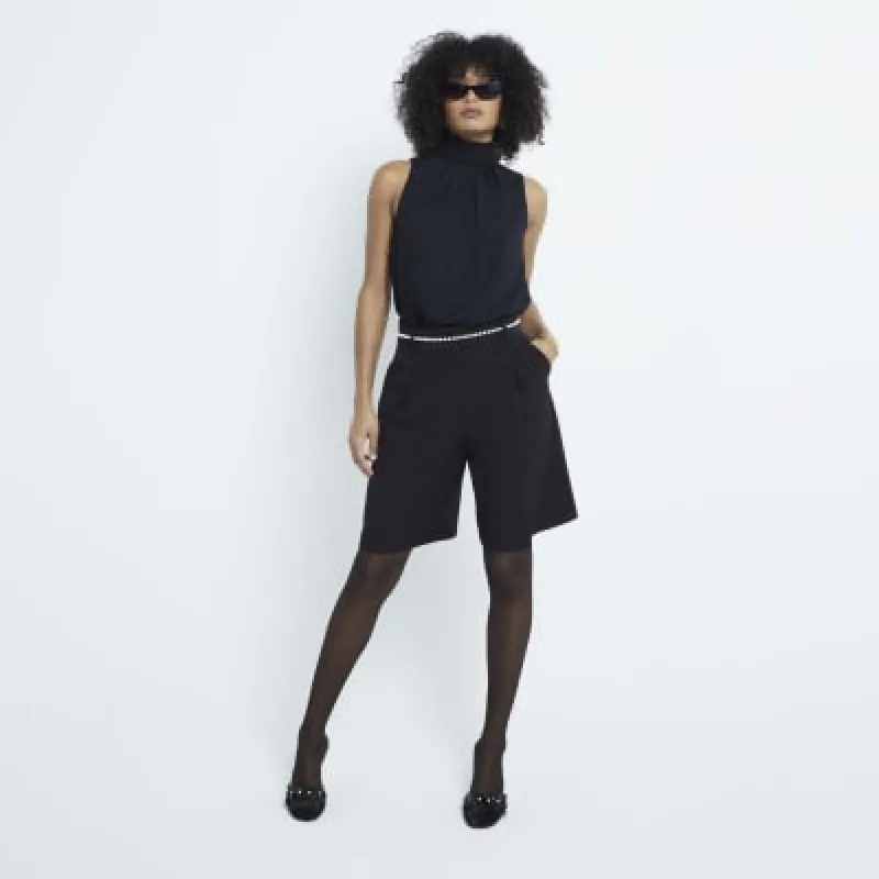 Black Sleeveless Scarf Neck Top sold by River Island