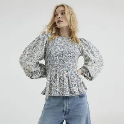 Blue Long Sleeve Shirred Bodice Top sold by River Island