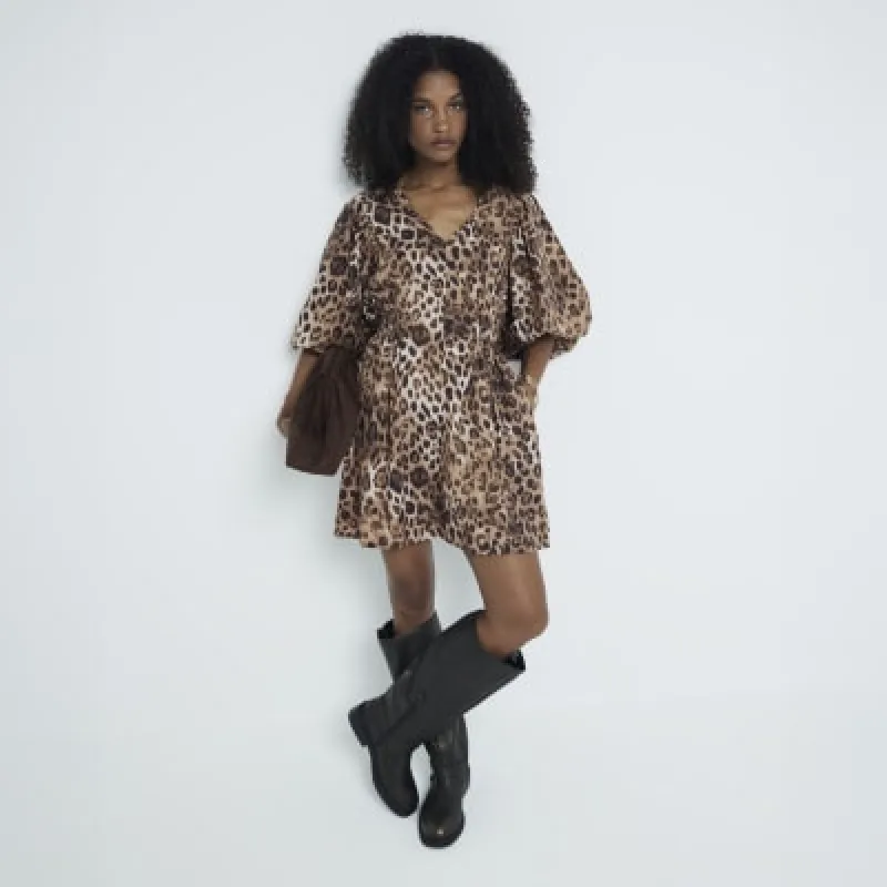 Brown leopard puff sleeve Mini Dress sold by River Island