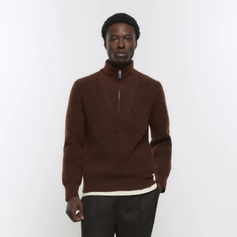 Rust slim fit soft half zip funnel jumper sold by River Island