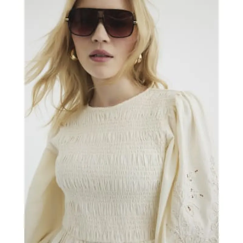 Cream Long Sleeve Shirred Bodice Top sold by River Island