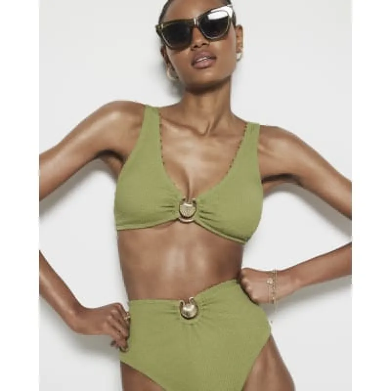 Khaki Textured Shell Bikini Top made by River Island