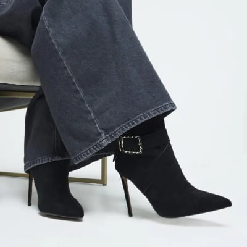 Black Woven Buckle Heeled Boot sold by River Island