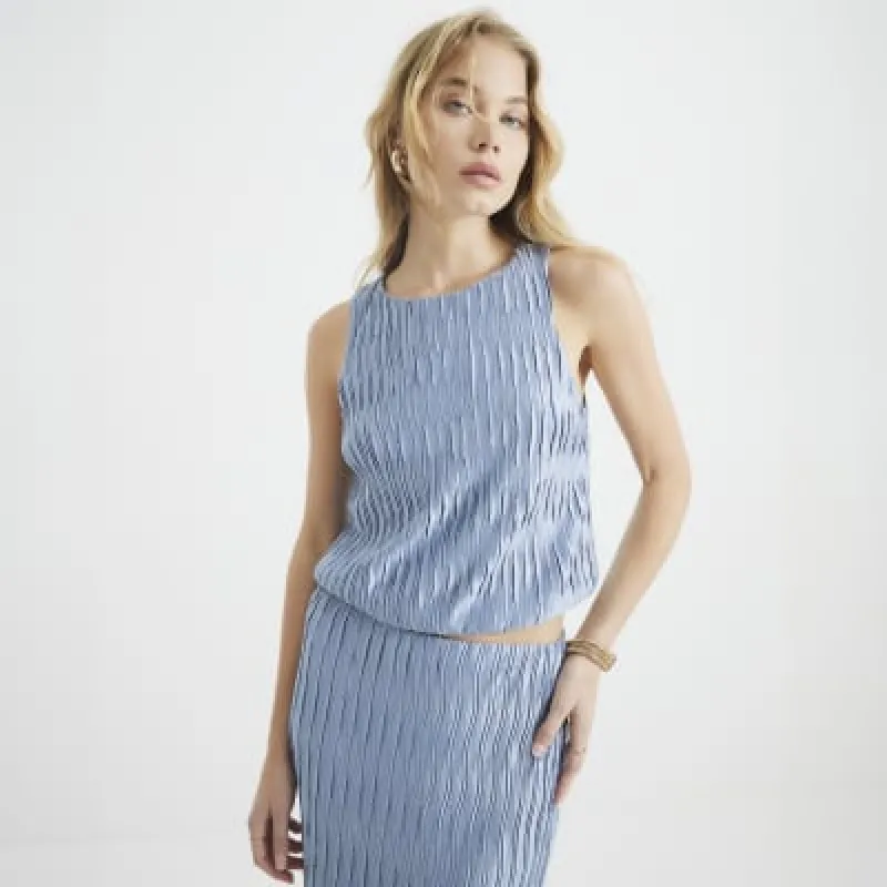 Blue Sleeveless Wave Plisse Bubble Top sold by River Island