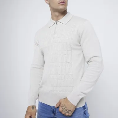 Ecru marl long sleeve stretch textured polo sold by River Island