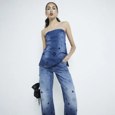 Blue Denim Embellished Bandeau Top sold by River Island