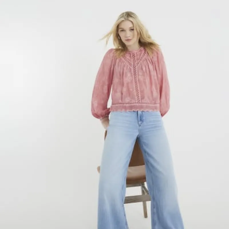 Pink Long Sleeve Lace Trim Embroidered Top sold by River Island