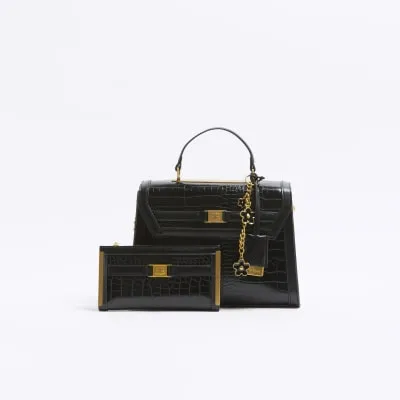 Black Croc Embossed Tote Bundle Bag sold by River Island
