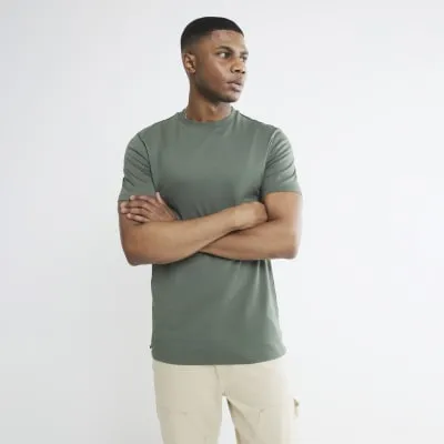 Khaki Slim Fit Longline T-Shirt sold by River Island