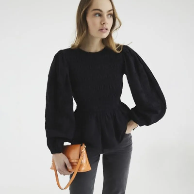 Black Long Sleeve Shirred Bodice Top made by River Island